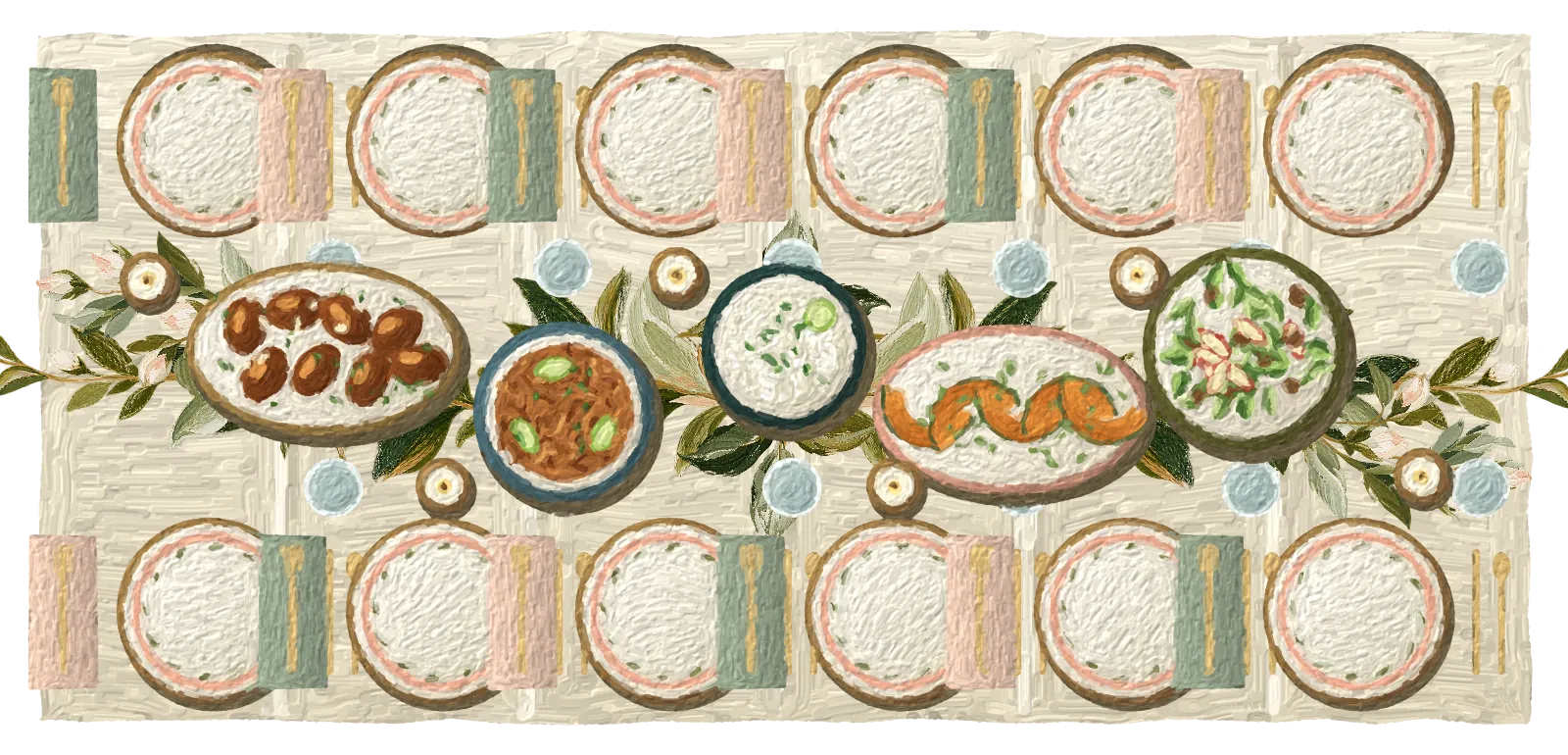 Painted illustration of a long dinner table seen from above: twelve place settings of fine china with brass flatware, linen napkins, candles, a greenery runner, and five shared platters.